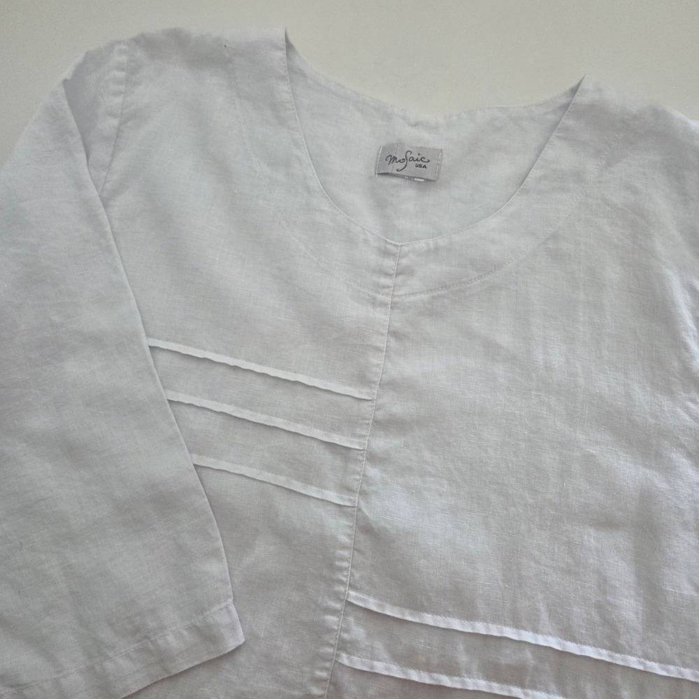 Mosaic USA Tunic Top White Linen Pleated Pintuck Women L